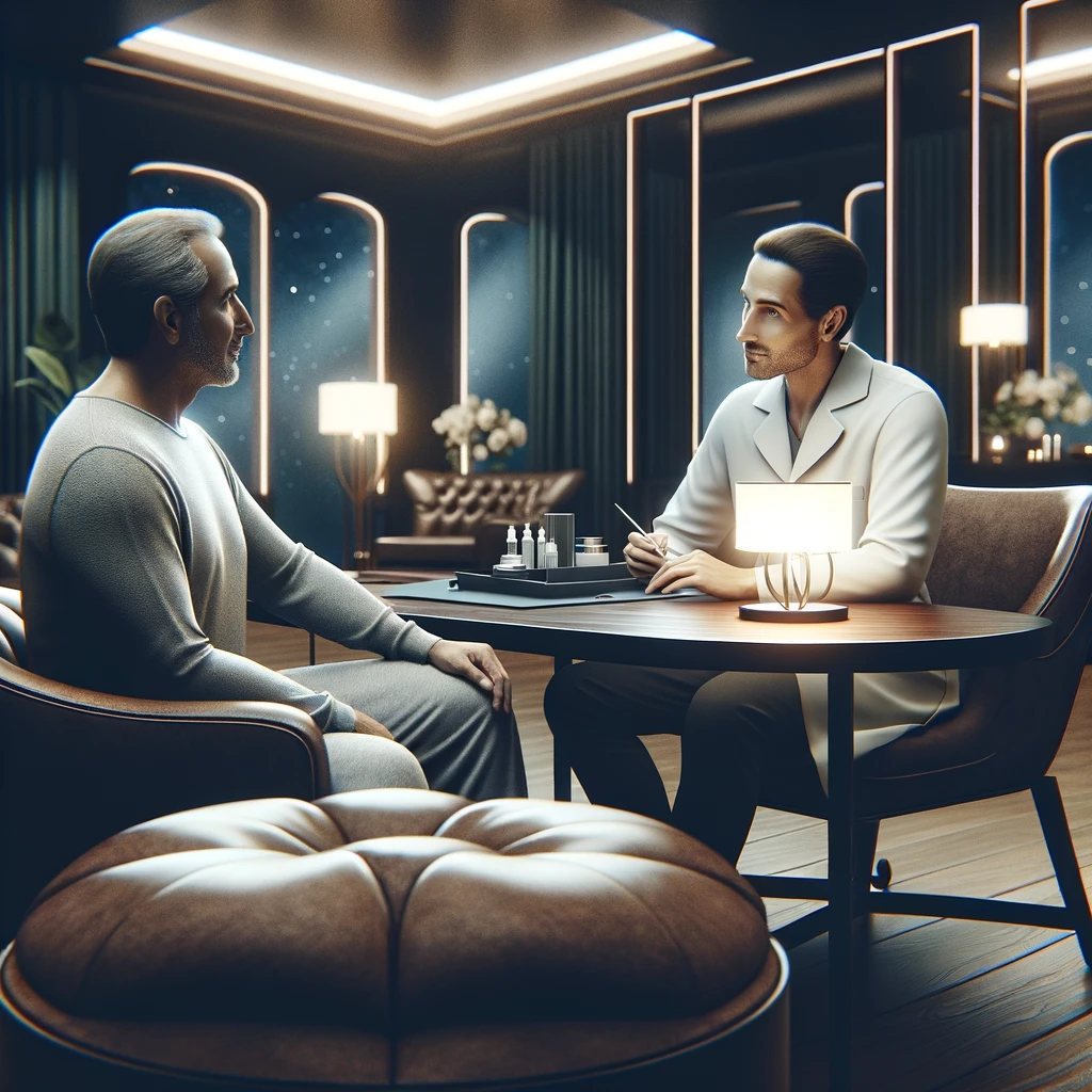 DALL·E 2024-05-15 14.50.03 - A square image depicting a 45-year-old man during an aftercare session in a luxurious, dark-toned clinic setting
